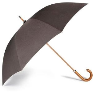 Parapluie Long Pour Homme Luxury Collection, Classique Et Très Élégant, Poignée En Bois Piantino, Tissu Pongee Gris Foncé À Texture Tramée, Avec Des Finitions Chromées. - Neuf
