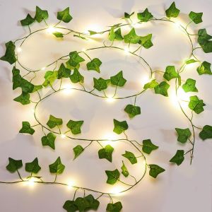 Jgd-Guirlande De Feuilles Artificielles &Agrave; Suspendre De 2 M Avec 20 Led - Guirlande Lumineuse En Cuivre Pour Maison, Cuisine, Jardin, Bureau, Mariage, D&eacute;coration Murale - Vert - Neuf