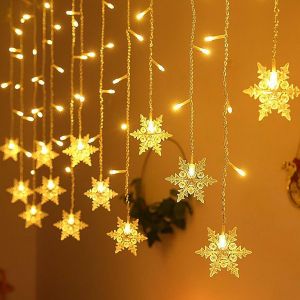JGD-Flocon de Neige Rideau Lumineux, 8 Modes Guirlande Lumineuse, Blanc Chaud, Guirlande Lumineuse avec T&eacute;l&eacute;commande, Luminosit&eacute; R&eacute;glable pour Chambre &agrave; Coucher, Int&eacute;rieur, F&ecirc;te, D&eacute;coration - Neuf