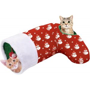 Tunnel Pour Chat, Tube &Agrave; 2 Voies En Forme De Bas De No&euml;l En Peluche Polyester, Jouet Avec Papier Froiss&eacute; Et Cadre Pour Chaton Furet Lapin Petits Animaux De Compagnie, Bonhomme De Neige Rouge - Neuf