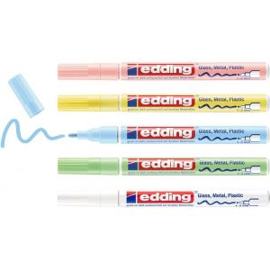 Edding 751 Marqueur Peinture Brillante - Blanc, Jaune, Vert, Rose, Bleu (Pastel) - 5 Feutres Peinture Brillante - Pointe Ronde 1-2mm - Pour Dessin, Coloriage, Scrapbooking - &Eacute;tanche, Tr&egrave;s Opaque - Neuf