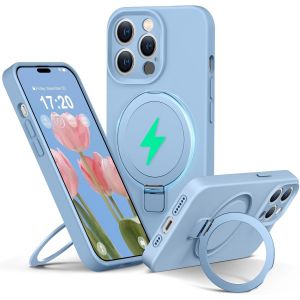 Maa-Liquid Silicone Coque Pour Iphone 14 Pro With Magnetic Ring Stand, Upgraded Camera Protection Mil-Grade Drop Shockproof Soft Anti-Scratch Microfiber Lining Silicone Coque(Bleu Azur) - Neuf