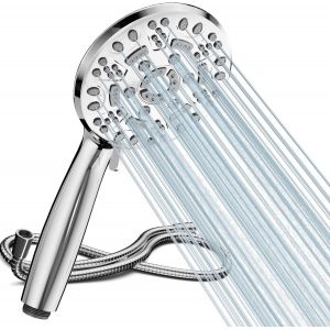 JGD-Pommeau de douche avec tuyau - &Eacute;conome en eau - 8 types de jet - Grande douche &agrave; effet pluie - Augmente la pression - Chrom&eacute; - Neuf