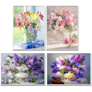 Ayuhr-Lot De 4 Diamond Painting Fleurs 30x40cm Diamond Painting Fleur De Lys Bouquet De Rose Broderie Diamant Bouquet De Rose Diamant Art Fleur Pourpre Diamond Painting Lilas Paysage Violet - Neuf