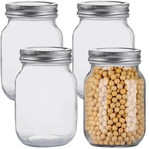 Kal-Lot De 4 Bocaux Mason En Verre Transparent De 500 Ml, Avec Couvercles En Métal Argenté, Avoine, Bonbons, Miel, Collations, Stockage Des Aliments, Aliments En Conserve, Projets De Bricolage - Neuf