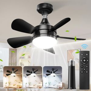 Petit Ventilateur De Plafond Avec Lampe Avec Télécommande,E27 Ventilateur Silencieux Amovible Avec Tige D'extension,3000k-6000k,3 Vitesses,Luminosité Réglable,Timer,Ø46cm,Noir (Sans Douille) - Neuf