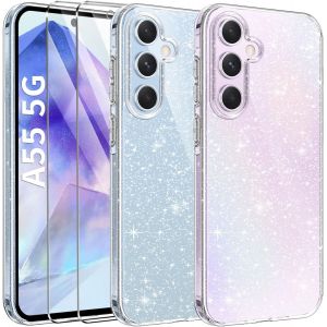 Coque 3 En 1 Compatible Avec Samsung Galaxy A55 5g, &Eacute;tui &Agrave; Paillettes Silicone Souple Tpu Protection Case Avec 2 Films De Protection En Verre Tremp&eacute;, Transparent Paillet&eacute; Protecteur Coque - Neuf