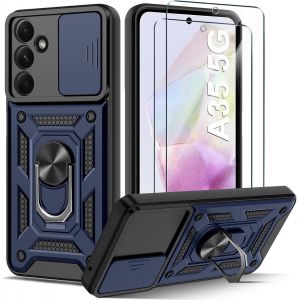 Kalanka-Coque Compatible Avec Samsung Galaxy A35 5g Avec 2 Verre Trempé, Lentille Coulissante Couverture, Support 360° Rotatif Militaire Pc Dur Renforcée Armor Antichoc Bumper Housse Etui - Bleu - Neuf