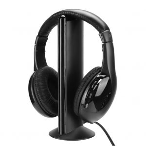 Casque sans fil FM 5 en 1 avec microphone integre et support de charge - Neuf