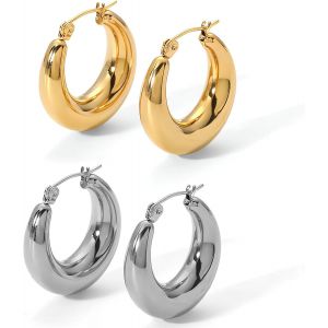 Kal-Lot De 2 Paires De Boucles D'oreilles En Or Argent&eacute;, Petites Boucles D'oreilles Cr&eacute;oles Pour Femme, &Eacute;paisses, L&eacute;g&egrave;res, Larges, Hypoallerg&eacute;niques Dor&eacute;es, Cadeaux Bijoux Bijoux F&ecirc;te, Grande, - Neuf