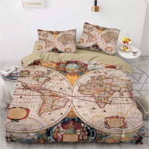 Housse De Couette 200x200, Parure De Lit Queen Size, Parure De Lit 2 Personnes Avec Carte Du Monde Et Villes, Parure De Lit En Microfibre Avec 2 Taies D'oreiller - Neuf