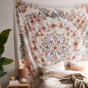 Tapisserie murale bohème beige, motif mandala et médaillon de fleurs, tapisserie hippie avec couronne blanche, décoration murale psychédélique et esthétique - Neuf