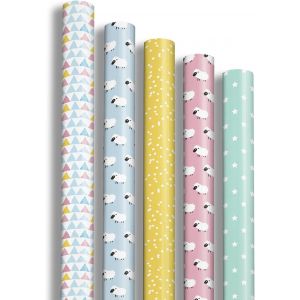 211415AMZC-Un Carton De 12 Rouleaux De Papier Cadeau-Papier Excellia 80g-Dimensions:2x0,70m-Motif:Moutons,Triangles,Enfants,Multicolor-Emballage Cadeau - Neuf