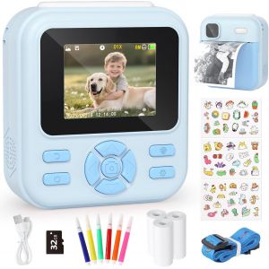 KALANKA-Appareil Photo Instantan&eacute; Enfant 2,4"" Mode Video et Selfie 1080P avec Carte 32 Go, Papier d'impression, Jouets Num&eacute;riques, 6 Stylos Color&eacute;s Cadeau pour Gar&ccedil;ons Filles de 3-12 Ans Bleu - Neuf