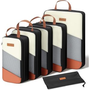 Ensemble D'Organisation De Val De Compression Pour Femme - Fen&ecirc;tre En Maille - 6 Cubes De Compression - Sacs De Rangement Pour Sac &Agrave; Dos Et Val - Organ Ur De Voyage - Beige + Marron - Neuf