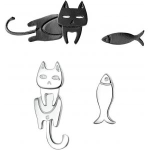 Kal-2 Paires De Boucles D'oreilles Chat Et Poisson, Boucles D'oreilles Pour Femmes, Boucles D'oreilles Amusantes, Boucles D'oreilles Cr&eacute;atives, Accessoires Mignons (Argent, Noir) - Neuf