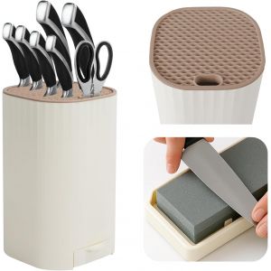 Mevronisshop-Bloc Couteaux Cuisine, Porte Couteaux De Cuisine Avec Aiguiseur Couteaux, Universel Amovible Carr&eacute; Range Couteau Avec Fentes, Support Couteau Pour Nettoyage Facile - Neuf