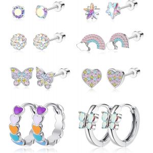 Kal-8 Paires Boucles D'oreilles Hypoallerg&eacute;niques Pour Femmes Filles Acier Inoxydable 316l Cz Coeur Vis Dos Boucles D'oreilles Fleur Multicolore Papillon Boucles D'oreilles Ensemble - Neuf