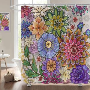 Sjzg-Rideau De Douche Boho Fleurs 165x180, Fleurs Boh&egrave;me Color&eacute; Rideau De Douche Vintage Blossom Art Esth&eacute;tique Rideau De Baignoire Imperm&eacute;able Polyester Tissu Lavable Rideau De Bain Avec Crochets - Neuf