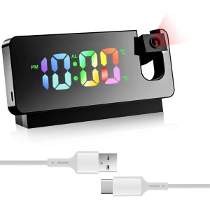 KAL-Réveil Avec Projection, Réveil Miroir, Avec Affichage De La Température Et Grand Écran Led, Rotatif À 180°, Alimenté Par Usb, Avec Projection De Plafond, Chambre À Coucher (Noir) - Neuf