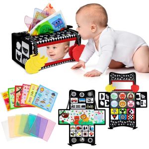 MDY-3en1 Jouet boîte à mouchoirs, Jouet Miroir pour Le Ventre, Jouets Sensoriels Montessori, Jouet Noir et Blanc très contrasté, avec Foulard Carré Bruissant, Jouets de Dentition - Neuf