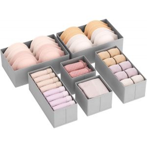 Lot de 6 Organisateur Tiroir, Boite Rangement Vetement Pliable, Separateur Tiroirs en Tissu, Rangement sous Vetement, Panier Rangement Armoire pour Chaussettes, Cravates, Ceintures, Gris - Neuf