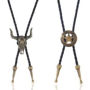 Meimie-2 Colliers Cravate Homme 70 Cm Bolo Tie Réglables En Cuir Style Western Cowboy Vintage Punk Accessoire Cowboy Bolo Cravate Tie Collier Vintage Parfait Pour Costume Western Looks Rétro - Neuf