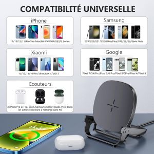 Support Telephone Chargeur-Chargeur Sans Fil Compatible Avec Iphone 14/13/12/11/X/Xr,Samsung,Google,Etc,Airpods 2/3/Pro-D&eacute;tachable Chargeur &Agrave; Induction-Noir - Neuf