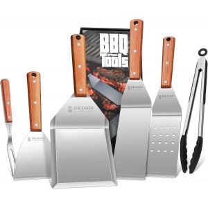 Lot de 6 ustensiles de barbecue en acier inoxydable - Spatule professionnelle avec sac de transport - Id&eacute;al pour les barbecues Teppanyaki - Cadeau pour homme - Neuf