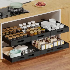 Sjzg-Tiroir Coulissant Extensible 30-47cm &iquest; Coulisse Tiroir Cuisine Sans Per&ccedil;age, Organisateur De Rangement Placard Avec Rails & Kit Vis, Tiroir Coulissant Pour Meuble Cuisine, Dressing, Noir - Neuf