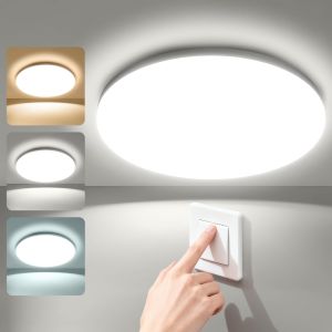 Subzonal-Plafonnier Led 17w,Plafonnier Salle De Bain Ip65,3000lm,3000k/4000k/6500k Changement Couleur Par Interrupteur Murale,Cri>80 Sans Scintillement Ni D&eacute;lai, Pour Cuisine Couloir Garage, &Oslash;22cm Ro - Neuf