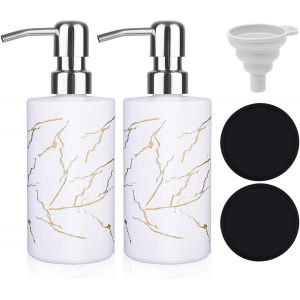 KAL-Distributeur De Savon Moderne En Verre - 350 Ml - Avec Pompe En Acier Inoxydable - Convient Pour Les Bouteilles De Shampooing À Remplir - Avec Dessous De Verre Et Entonnoir - Pour Cuisine Et - Neuf