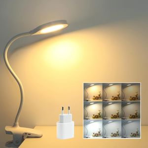 Eryi-36 Led Lampe De Lecture Rechargeable Avec Pince, Adaptateur Inclus, 3 Couleur Et 3 Intensité, Lumière De Lit, Lampe Pince Tactile & Dimmable Pour Enfants, Blanche - Neuf
