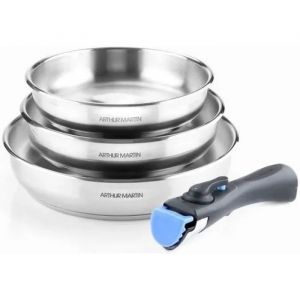 Set De 3 Po&ecirc;les 20-24-26 Cm Arthur Martin Am1410 - Acier Inoxydable - Poign&eacute;e Amovible - Tous Feux Dont Induction - Neuf