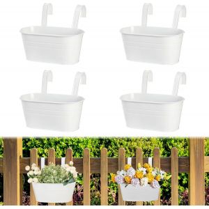ASFASFq-4 Pièces Pots de Fleurs à Suspendre en Métal, Grandes Pot Suspendu, Jardiniere Balcon 27 cm, avec Trou de Drainage, pour Clôture de Balcon, Décoration de Jardin, Clôture Murale (Blanc) - Neuf