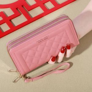 Portefeuille long en cuir PU avec pompon pour femme,porte-monnaie,porte-cartes,double fermeture &eacute;clair,pochette de luxe,sac d'argent et de t&eacute;l&eacute;phone--Dark Pink - Neuf