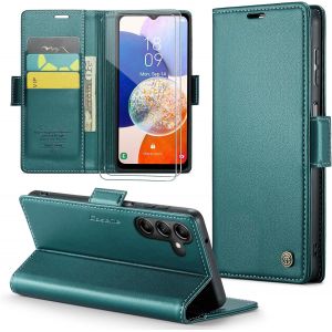 Kal-Coque Pour Samsung Galaxy A14+ 2 Pièces Verre Trempé,Antivol,Prend En Charge Le Chargement Sans Fil, Pochette Fermeture Magnétique Flip Case-Bleu-Vert - Neuf