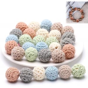 Meimie-Lot De 30 Coloré Rond Crocheté Perles,16mm,Trou Ronde Laine Crochet Perles,Crochet Perles Boule En Bois Perles Rondes En Bois Au Crochet Perles De Crochet En Bois Pour Bricolage Bijoux Bracelet - Neuf