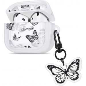 &Eacute;tui Compatible avec AirPods 4&egrave;me G&eacute;n&eacute;ration avec Pendentif Papillon, Housse en TPU Transparente avec Dessin de Papillon Noir pour Fille, Coque de Protection Antichoc Anti-rayures Antid&eacute;rapant - Neuf