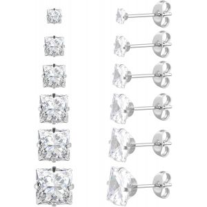 Tianyi-Lot De 6 Paires De Clous D'oreilles En Acier Inoxydable Chirurgical Avec Vis Arrière Plaqué Or 18 Carats En Forme De Coeur, Étoile, Carré, Coupe Princesse, Rondes, Zircons Cubiques Blancs, Pour - Neuf