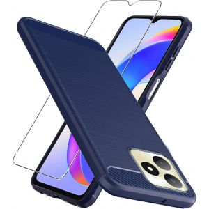 CAUC-Verre tremp&eacute; pour Realme Note 50 Coque Bleu Fibre de Carbone + Verre tremp&eacute; Film Protecteur - Souple &Eacute;tui Carbon Fiber Housse Case Cover pour Realme Note 50 (6.74") - Neuf
