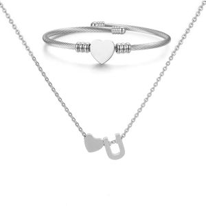Kal-Collier Pendentif Lettre Initiale Personnalisée Femme Collier Initiale Coeur Bracelet Coeur Ouvert Ajustable Bracelet De Manchette En Acier Inoxydable A-Z Pendentif Collier Femmes Filles - Neuf