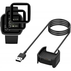 Letnerny-Chargeur Compatible Avec Fitbit Versa 2 + Verre Trempé[2 Pièces], Câble De Chargement Usb De Remplacement Câble De Charge À Absorption Magnétique Câble - Noir 3,3ft 100 Cm - Neuf