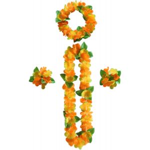 Kal-Colliers De Fleurs Hawaïennes Hula Luau Collier Bracelet Bandeau Hawaïen Colliers Fleurs Hawaïen Pour Carnaval Fêtes Sur La Plage Hawaïenne Pom-Pom Anniversaires (Orange C) - Neuf
