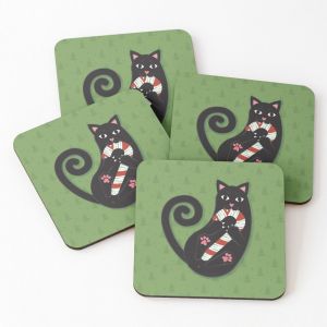 Liège Sous-Verres En Bois Chat En Bonbon À La Menthe Poivrée 9,5 Cm Lot De 4 Pour Boissons Café Table - Neuf