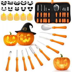 CAUC-Lot de 10 outils de sculpture de citrouille [ acier inoxydable de qualit&eacute; sup&eacute;rieure ] [ Avec lampe &agrave; bougie &eacute;lectronique ] Kit de sculpture citrouille pour Halloween - Outil de sculpture de - Neuf