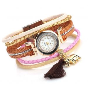 Femmes Rétro Multicouche Pu Cuir Ceinture Pompon Éléphant Pendentif Montre À Quartz (Marron) - Neuf