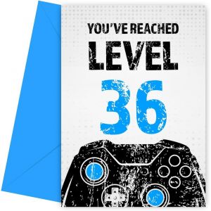 Carte d'anniversaire 36 ans pour garçon - Carte d'anniversaire atteint le niveau 36 pour fils - Excellent petit-fils, neveu ou frère, carte d'anniversaire 36 ans, joueur - Bleu - Neuf
