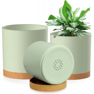 ERYI-Lot De 3 Pots De Fleurs Avec Soucoupe - 15,2 Cm/12,7 Cm/10,7 Cm - Pot De Fleurs En Plastique - Pot Hydroponique - Idéal Pour L'Intérieur Et Les Jardins De Balcon - Vert Avec Plateau Marron - Neuf