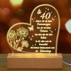 Anniversaire Femme Homme Cadeaux D'anniversaire Pour 40 Ans Veilleuse En Acrylique Avec Gravure 40e Anniversaire Pour Épouse, Maman, Amis, Mari, Mère Idées Cadeaux (40. Geburtstag) - Neuf